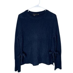 360 Cashmere Ribbed Navy 100% Cashmere Crew Sweater Size Small Side Slits Bows